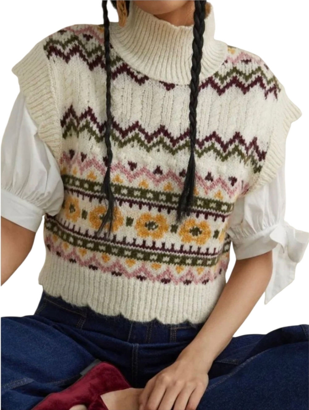Anthropologie Maeve Floral Scalloped Cream Turtleneck Sleeveless Sweater Vest XS